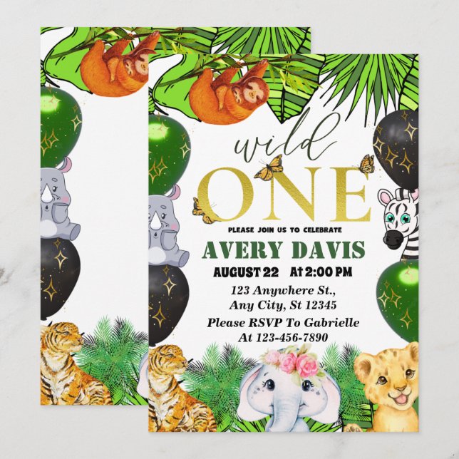 Wild One Jungle Safari Themed 1st Birthday kids Invitation (Front/Back)