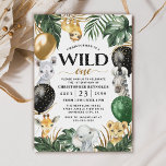 Wild One Jungle Safari Themed 1st Birthday Party I Invitation<br><div class="desc">Design features jungle palm tree greenery and banana leaves decorated with printed gold, black and green coloured balloons. Balloon designs also feature printed faux (printed) gold confetti. Template also features baby giraffe, rhino (rhinoceros), elephant, lion, zebra and sloth watercolor animals for a safari theme. Wild one is printed in modern...</div>