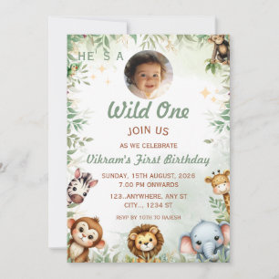 Wild One Jungle Theme 1st Birthday Photo Invite