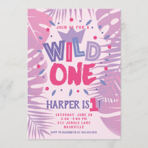 Wild One Jungle Theme Girl First Birthday Invitation