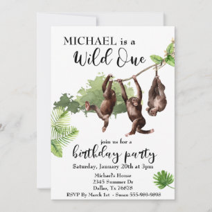 Wild One Jungle Watercolor Monkeys Invitation