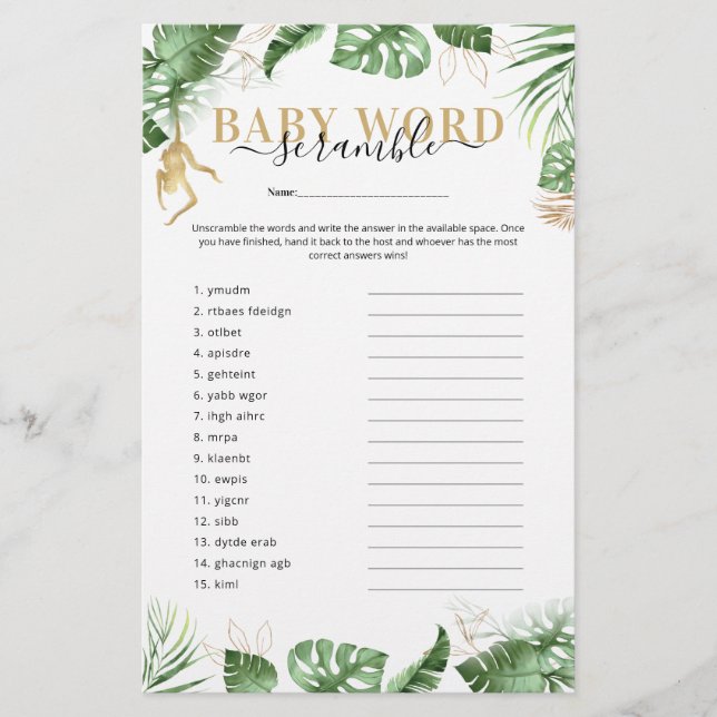 Wild One Jungle 'Word Scramble' Game Baby Shower  (Front)