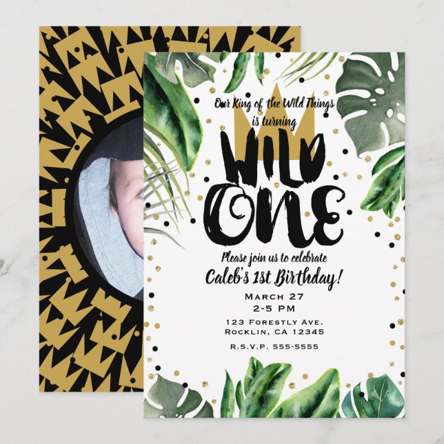 Wild One King of Things Crown 1st Birthday Photo Invitation (Front/Back)
