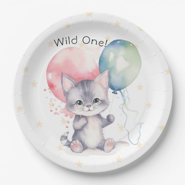 Wild One Kitten Balloons 1st Birthday Party Paper Plate (Front)