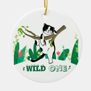 Wild One Kitty Cat Kitten 1st Birthday Invitation Ceramic Tree Decoration