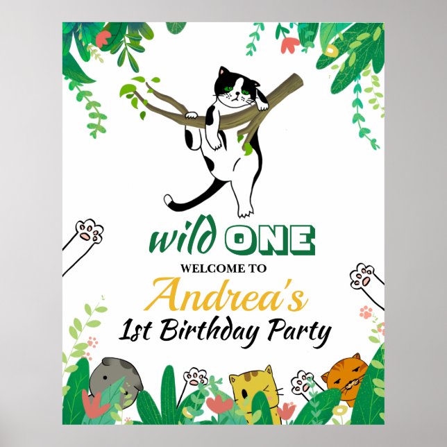 Wild One Kitty Cat Kitten 1st Birthday Invitation Poster (Front)