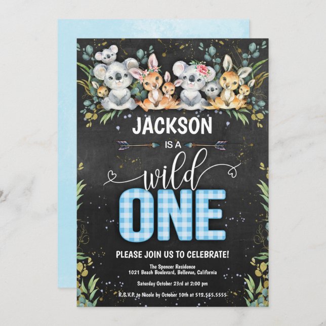 Wild One Koala & Kangaroo Gingham 1st Birthday Invitation (Front/Back)