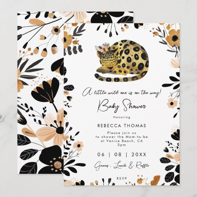 wild one leopard floral baby shower invitation (Front/Back)