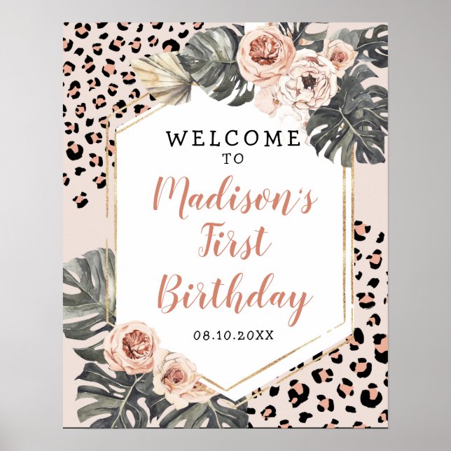 Wild One Leopard Print Girl Birthday Welcome Sign (Front)