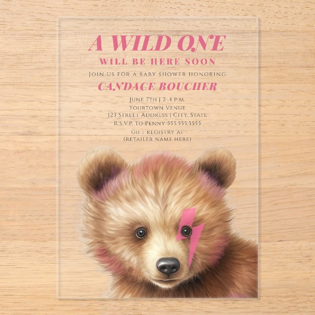 Wild One Lightning Bolt Cub Pink Baby Shower  Acrylic Invitations (Front)