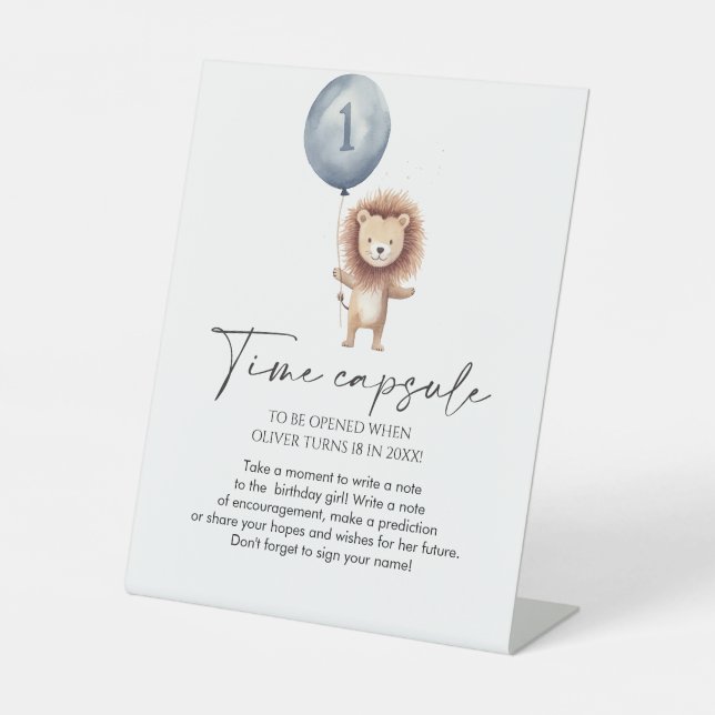 Wild One Lion Ballon First Birthday Time Capsule Pedestal Sign (Front)