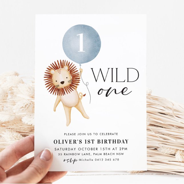 Wild One Lion Blue Balloon Boys 1st Birthday Party Invitation (Creator Uploaded)