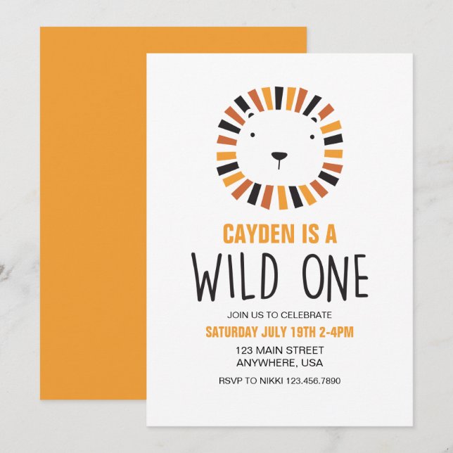 Wild One Lion boho First Birthday Invitation (Front/Back)