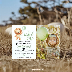Wild One Lion Sage Green Balloon Birthday Photo Invitation