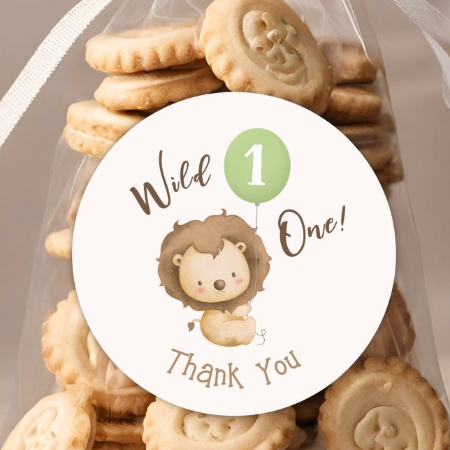 Wild One Lion Sage Green Balloon Boy 1st Birthday Classic Round Sticker (Creator Uploaded)