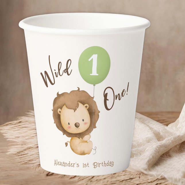 Wild One Lion Sage Green Balloon Boy 1st Birthday Paper Cups (Creator Uploaded)