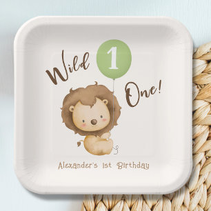Wild One Lion Sage Green Balloon Boy 1st Birthday Paper Plate