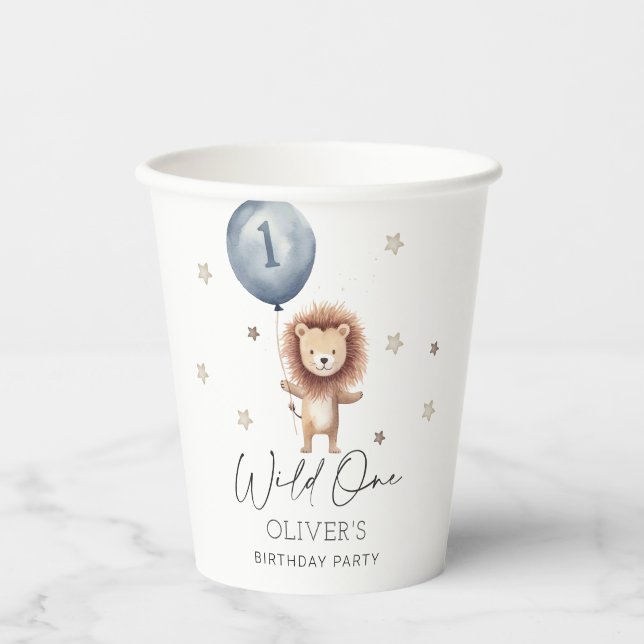 Wild One Lion With Ballon First Birthday Paper Cups (Front)