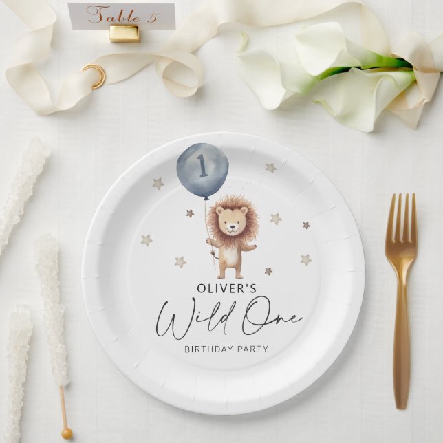 Wild One Lion With Ballon First Birthday  Paper Plate (Wedding)