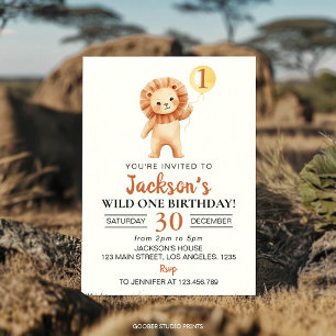 Wild One Lion Yellow Balloon Boys Birthday Invitation