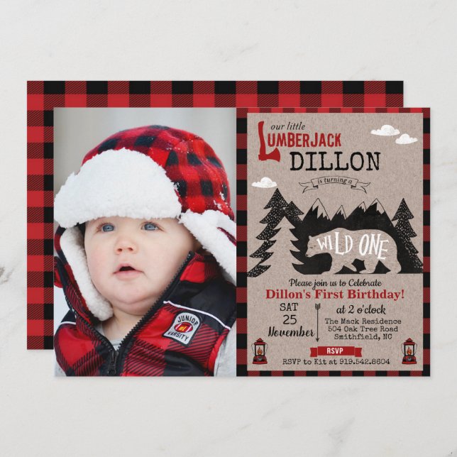 Wild One Lumberjack First 1st Birthday Invitation (Front/Back)