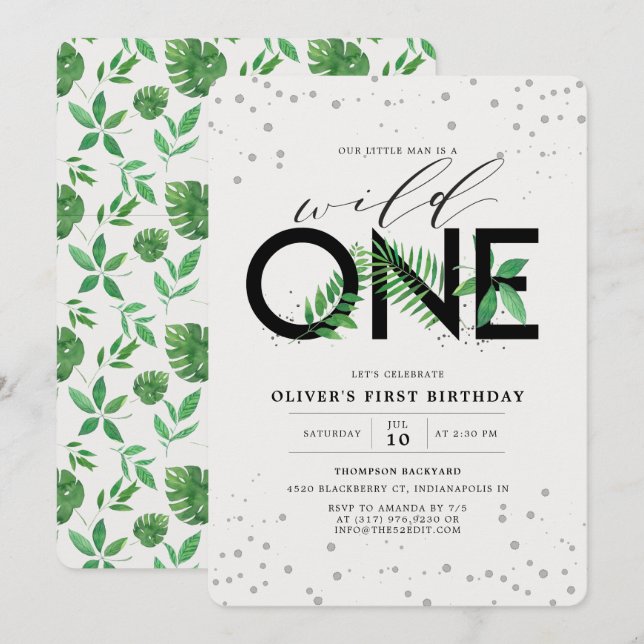 Wild One Modern Tropical Greenery 1st Birthday Invitation (Front/Back)