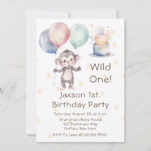 Wild One Monkey and Balloons 1st. Birthday Party Invitation