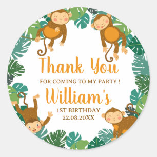 Wild One Monkey Safari Thank You Birthday Sticker