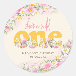 Wild One Mustard & Pink Wildflower Birthday Classic Round Sticker
