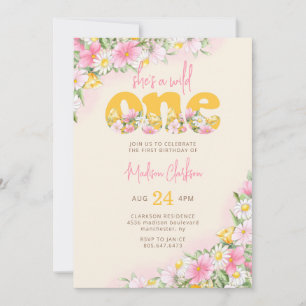 Wild One Mustard & Pink Wildflower Birthday Invitation