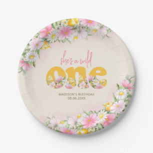 Wild One Mustard & Pink Wildflower Birthday Paper Plate