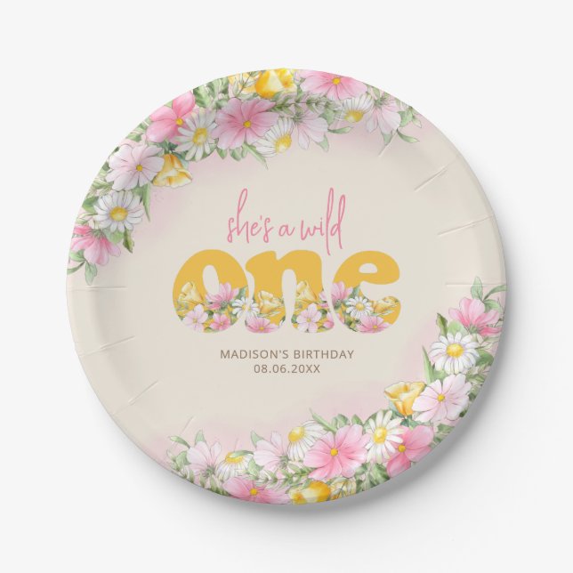 Wild One Mustard & Pink Wildflower Birthday Paper Plate (Front)