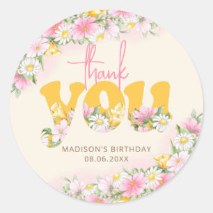 Wild One Mustard & Pink Wildflower Thank You Classic Round Sticker