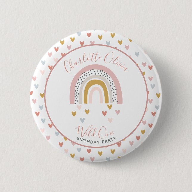 Wild One Muted Rainbow Girl's 1st Birthday Party 6 Cm Round Badge (Front)