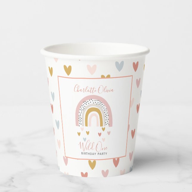 Wild One Muted Rainbow Girl's 1st Birthday Party Paper Cups (Front)