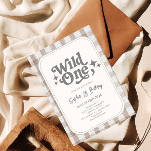 Wild One Neutral Gingham 1st Birthday Invitation