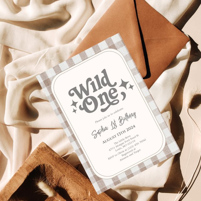 Wild One Neutral Gingham 1st Birthday Invitation (Creator Uploaded)