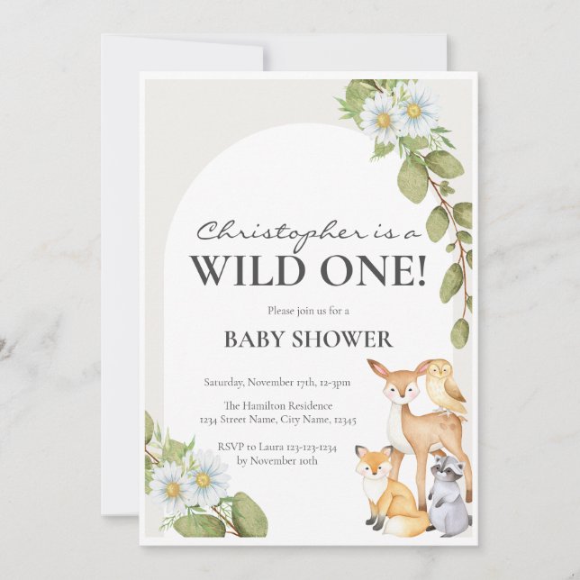Wild One Neutral Woodland Baby Shower Invitation (Front)