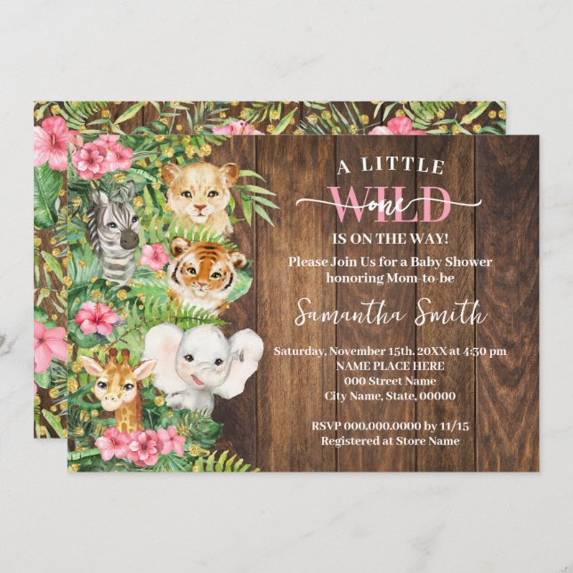 Wild One on the Way Pink Rustic Safari Baby Shower Invitation (Front/Back)