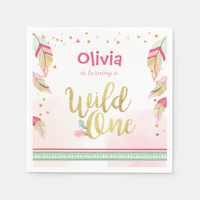 Wild one Paper Napkin Gold Pink Boho Feathers Girl (Front)