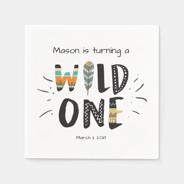 Wild one Paper Napkin Tribal Boy Birthday Feathers (Front)