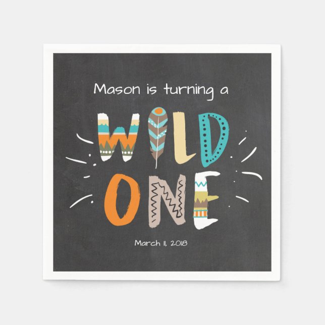 Wild one Paper Napkin Tribal Boy Birthday Feathers (Front)
