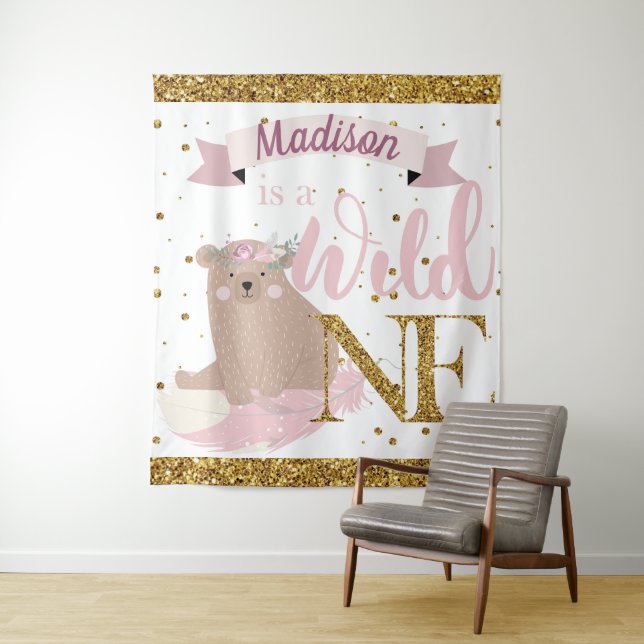 Wild One Personalised First Birthday Girl Tapestry (In Situ)