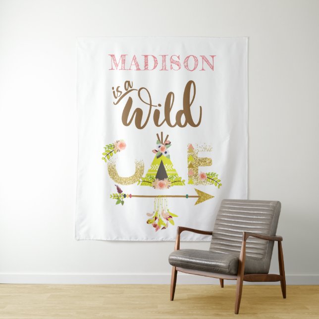 Wild One Personalised Girl First Birthday Tapestry (In Situ)