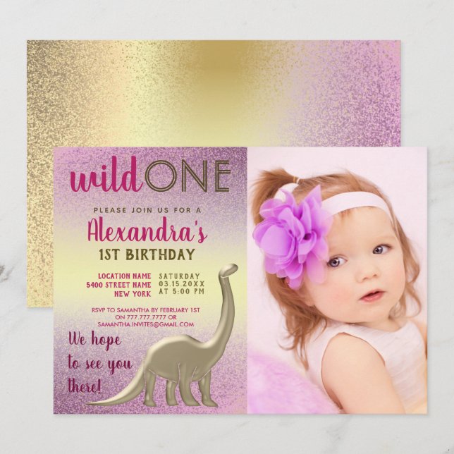 Wild One Photo 1st Birthday Pink and Gold Dinosaur Invitation (Front/Back)