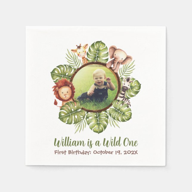 Wild One Photo Jungle Animals Leaves 1st Birthday Napkin (Front)