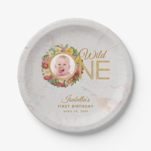 Wild One Photo Rose Wreath First Birthday Marble Paper Plate