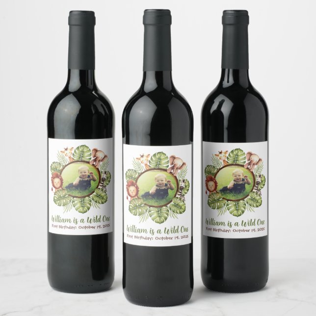 Wild One Photo Safari Animals Jungle 1st Birthday Wine Label (Bottles)