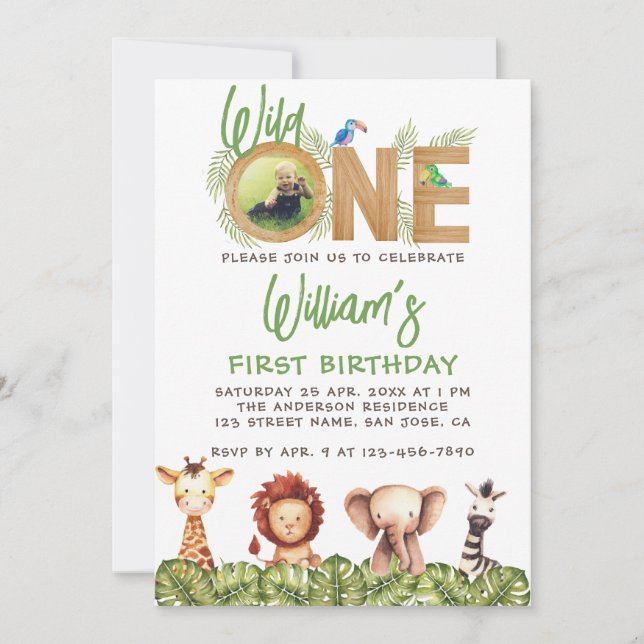 Wild One Photo Safari Animals Wood 1st Birthday In Invitation (Front)