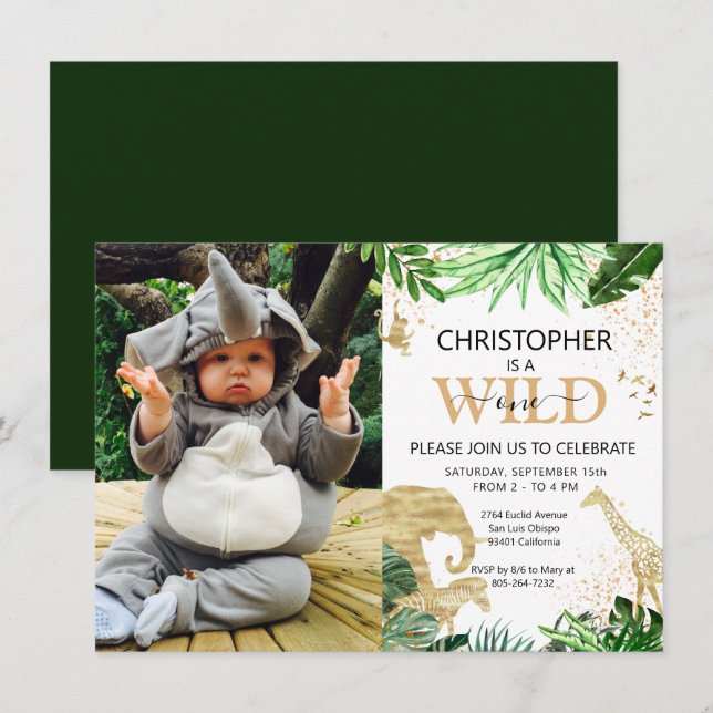 Wild One Photo Safari Themed 1st Birthday Party Invitation (Front/Back)